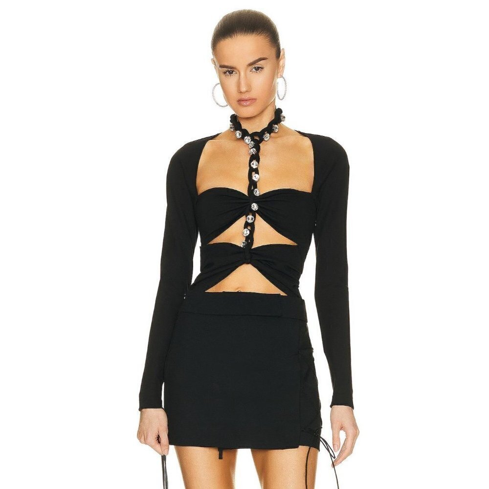 AREA Chain Link Long Sleeve Bodysuit in Black Large New Womens Crystal Top
